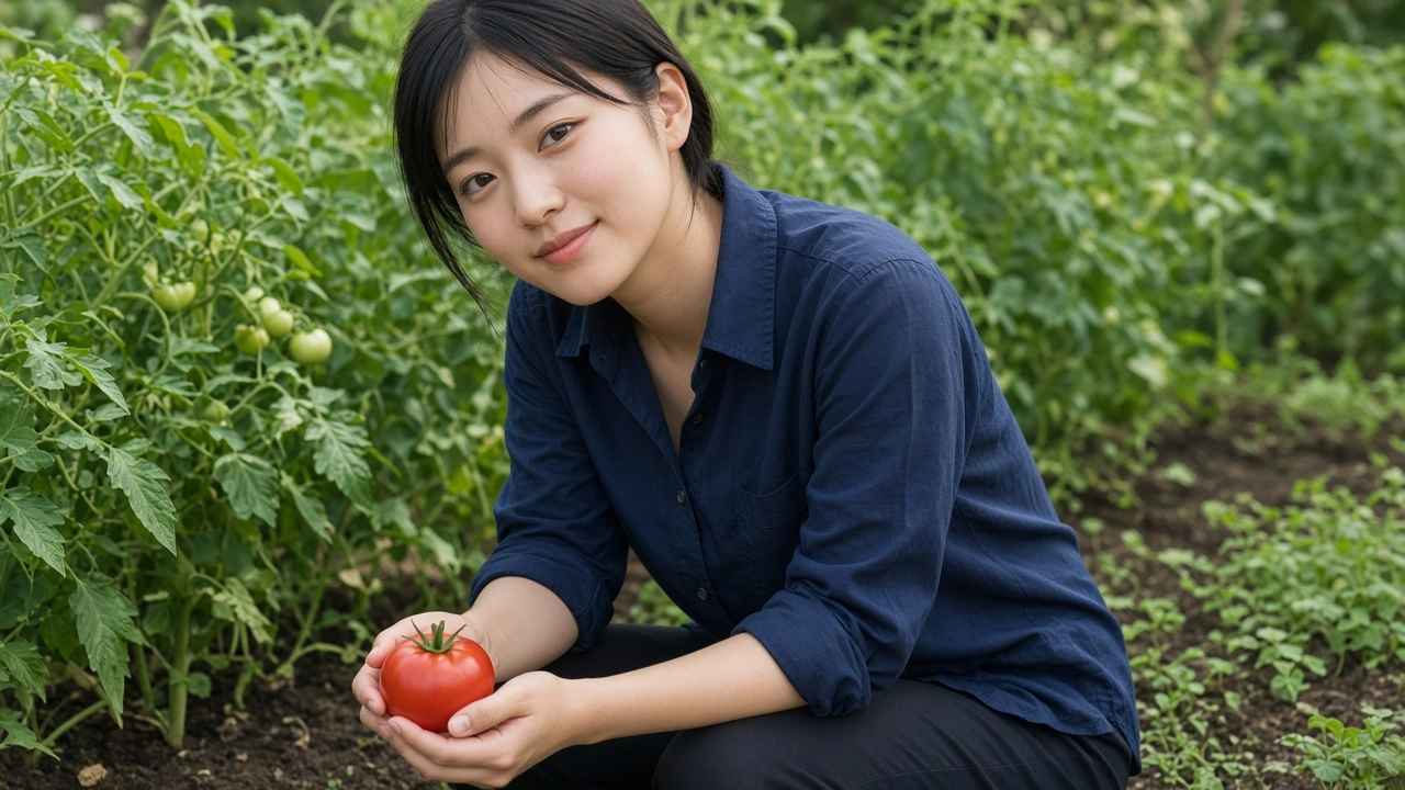 畑でトマト収穫