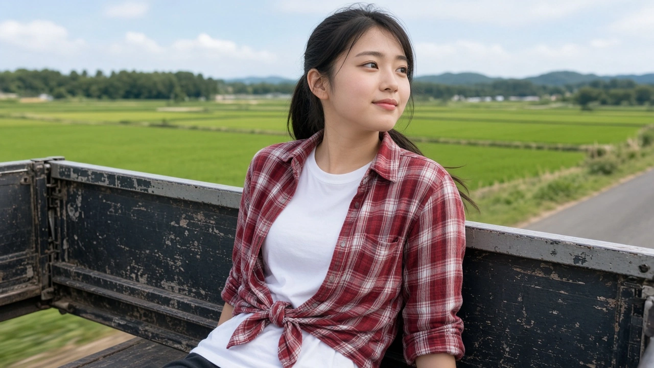 田んぼ道の軽トラ
