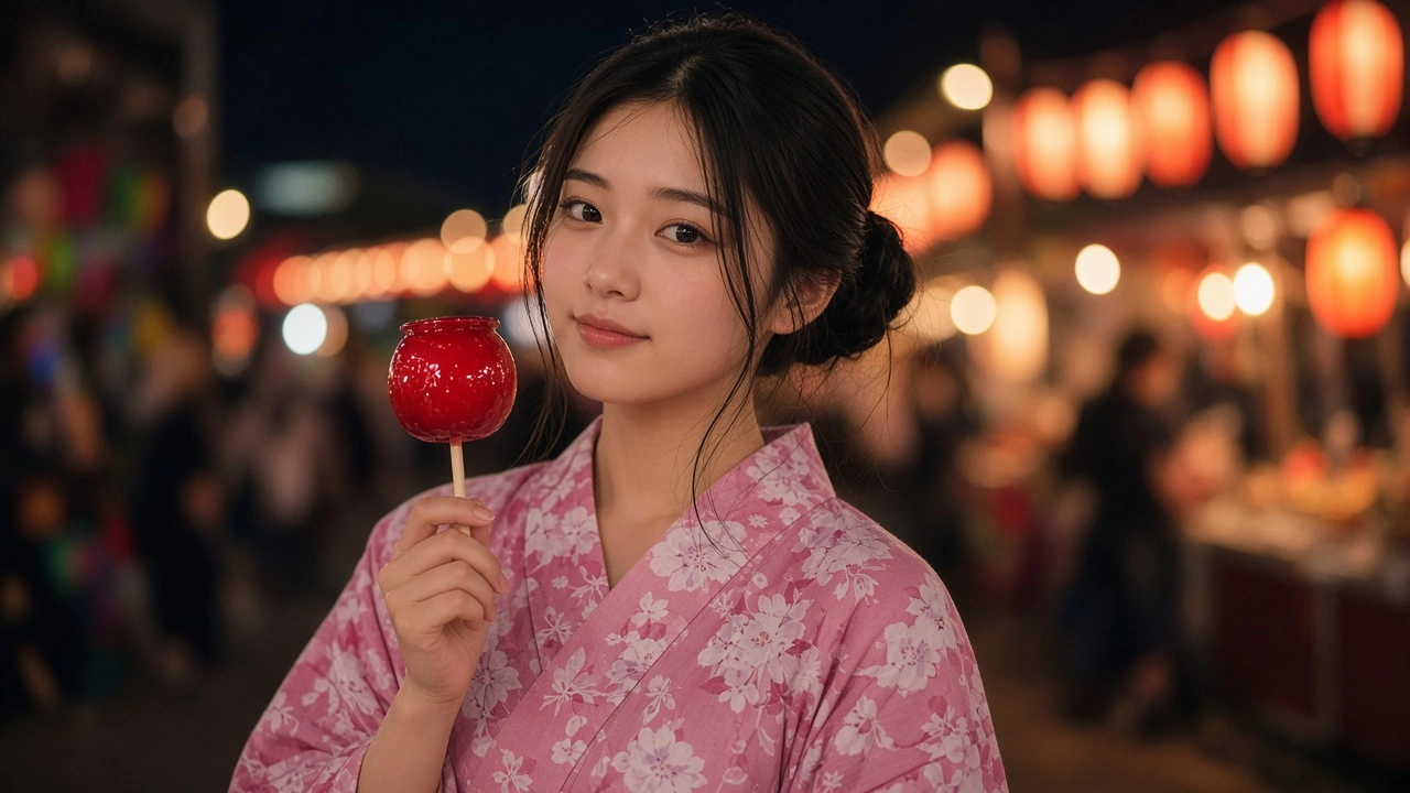 りんご飴を手に夜祭り