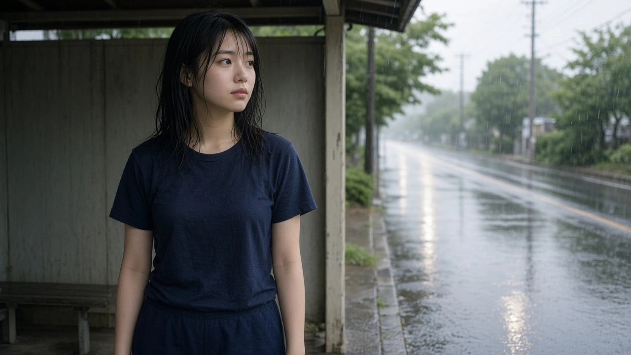 バス停で雨宿り