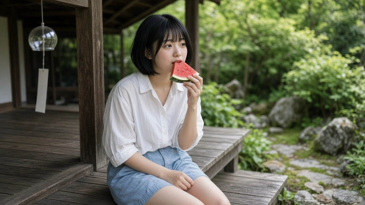 縁側でスイカ