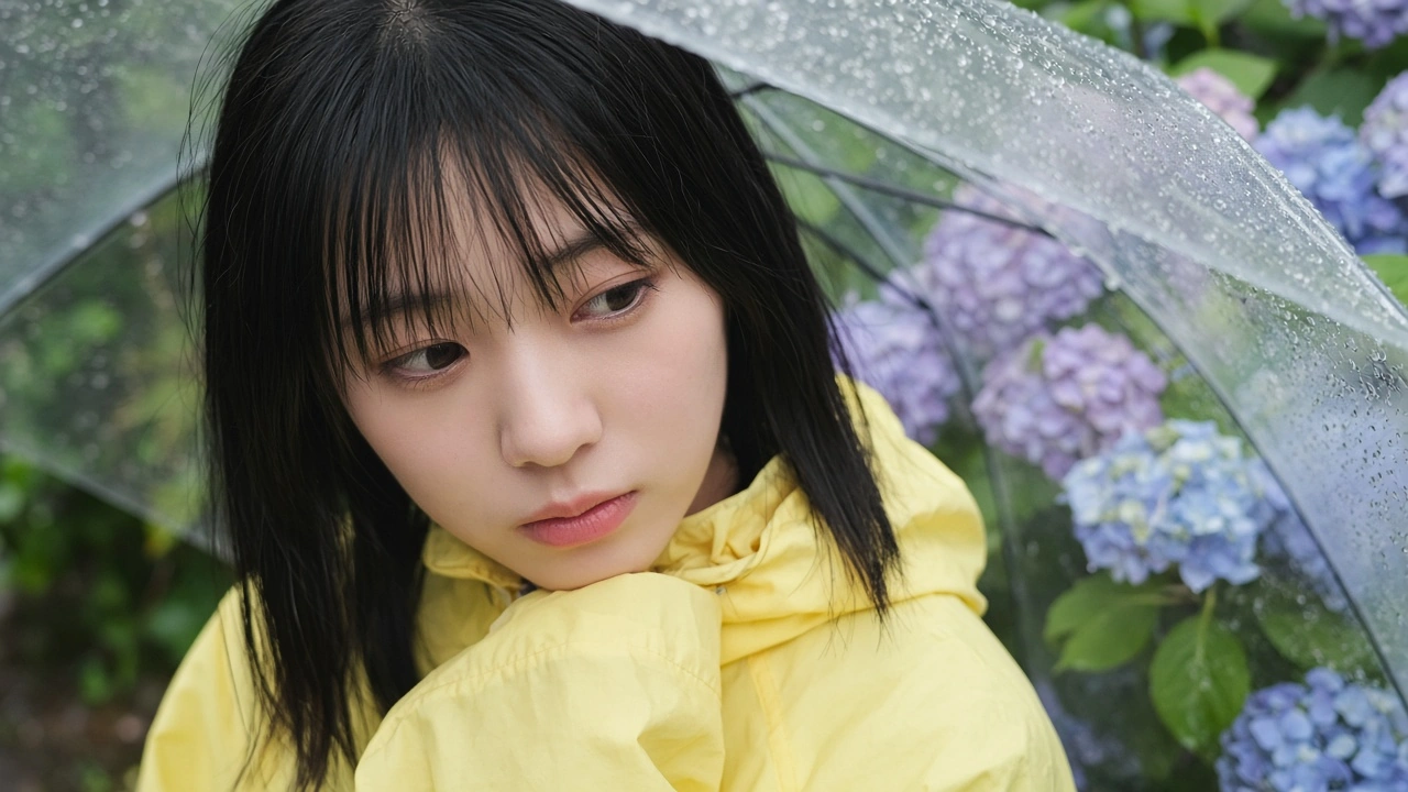 雨の傘越し