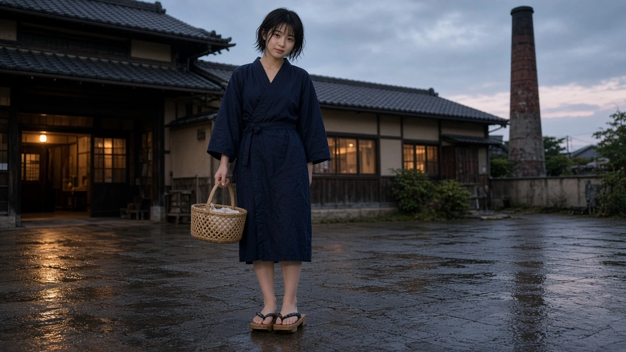 銭湯の前で